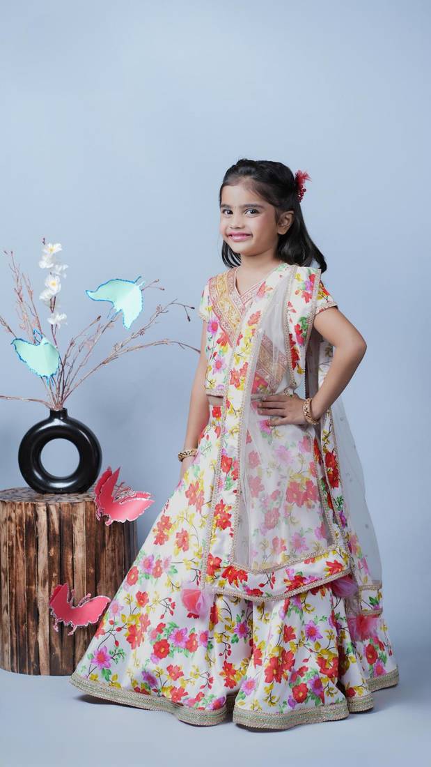 White Lengha Choli With Flower Printed