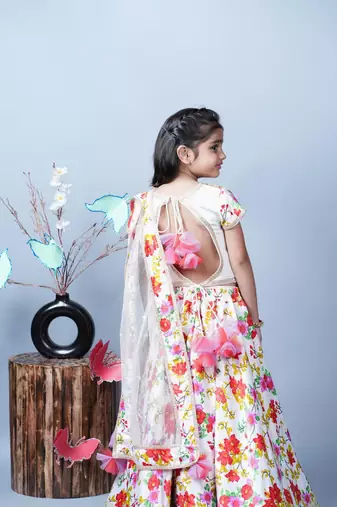 White Lengha Choli With Flower Printed