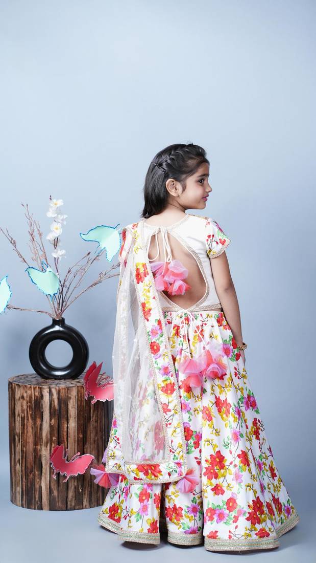 White Lengha Choli With Flower Printed