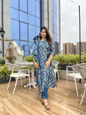 Indigo Blue Modal Silk Fabric With Gota Lace Detailing Work Design Kurta Pant And Dupatta Set 1