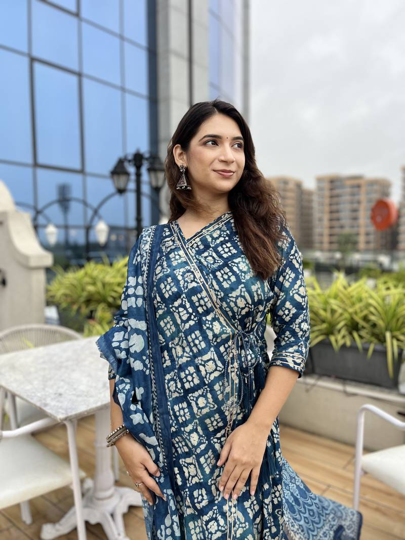 Indigo Blue Modal Silk Fabric With Gota Lace Detailing Work Design Kurta Pant And Dupatta Set