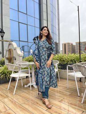 Indigo Blue Modal Silk Fabric With Gota Lace Detailing Work Design Kurta Pant And Dupatta Set 3