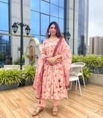 Peach Cotton Fabric With Embroidery Work Design Kurta Pant And Dupatta Set