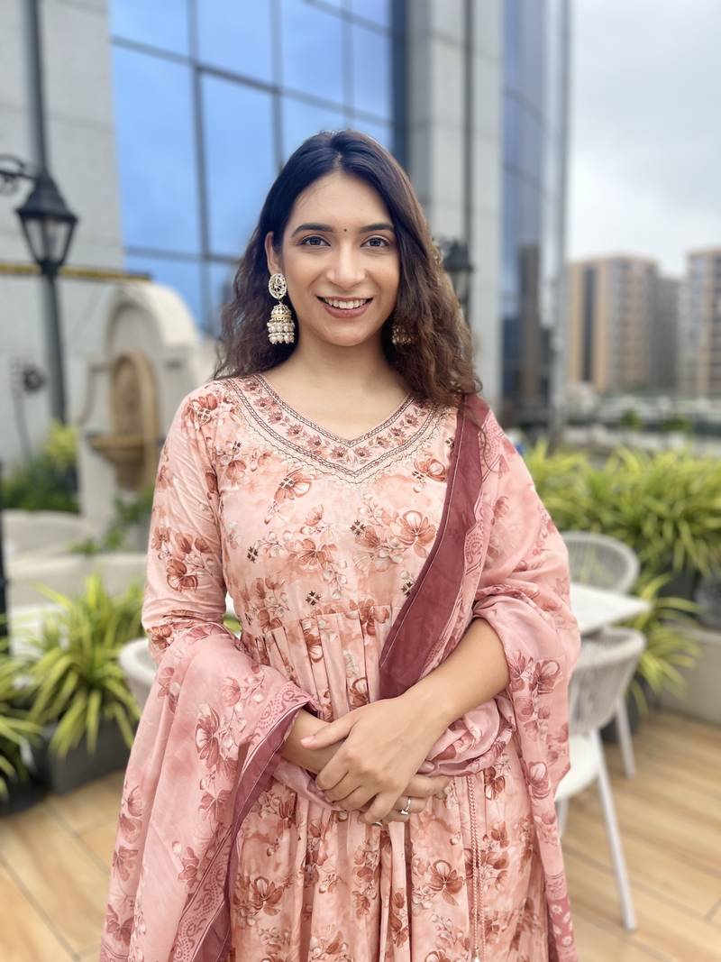 Peach Cotton Fabric With Embroidery Work Design Kurta Pant And Dupatta Set