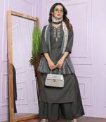 Grey Roman Silk Fabric With Hand Work Design Straight Kurta Pant And Dupatta Set