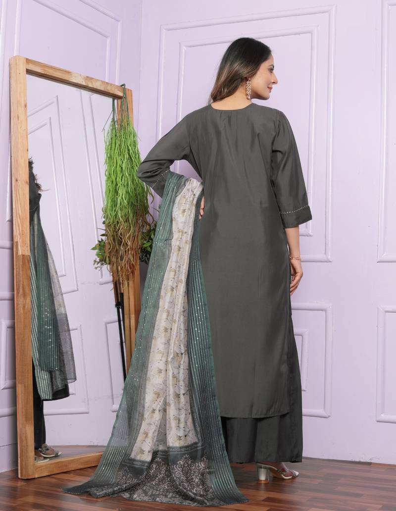Grey Roman Silk Fabric With Hand Work Design Straight Kurta Pant And Dupatta Set