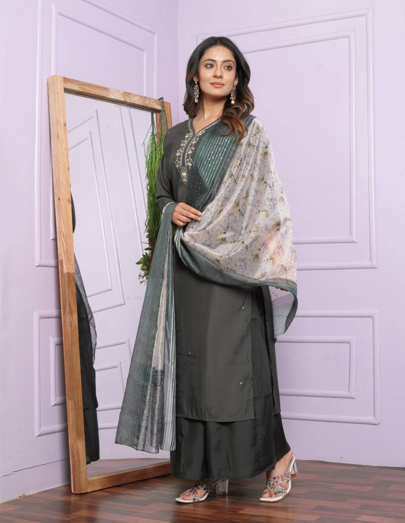 Grey Roman Silk Fabric With Hand Work Design Straight Kurta Pant And Dupatta Set