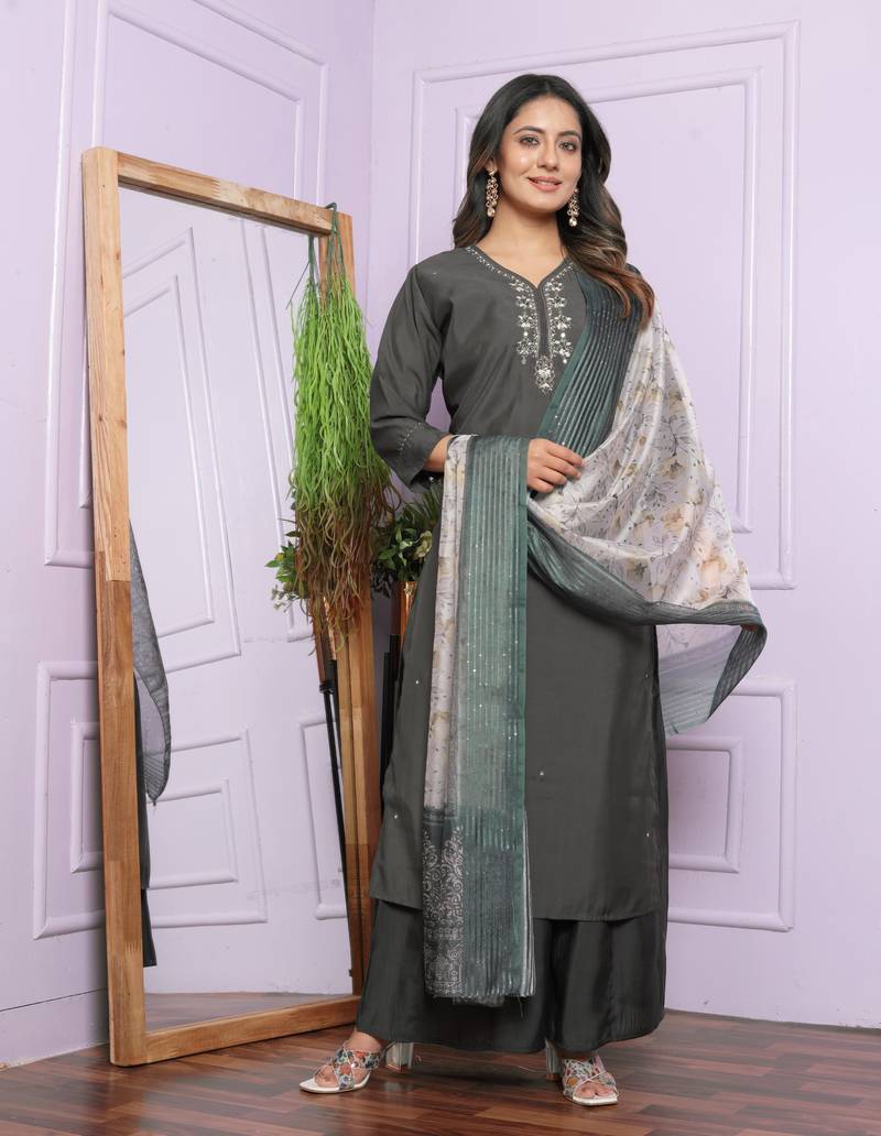 Grey Roman Silk Fabric With Hand Work Design Straight Kurta Pant And Dupatta Set