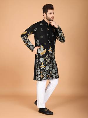 Black rayon thread & sequins embroidered work wedding ceremony festival marriage party wear straight kurta 4