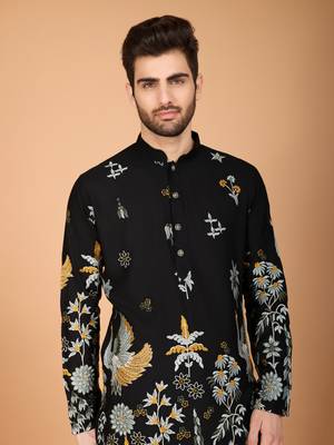 Black rayon thread & sequins embroidered work wedding ceremony festival marriage party wear straight kurta 6