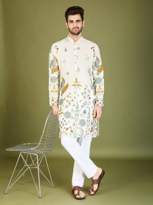 White rayon thread & sequins embroidered work wedding ceremony festival marriage party wear straight kurta 1