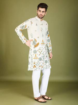 White rayon thread & sequins embroidered work wedding ceremony festival marriage party wear straight kurta 4