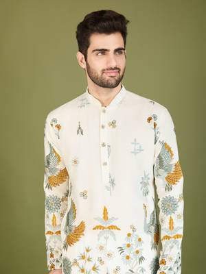 White rayon thread & sequins embroidered work wedding ceremony festival marriage party wear straight kurta 6
