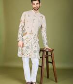 Off White rayon thread & sequins embroidered work wedding ceremony festival marriage party wear straight kurta