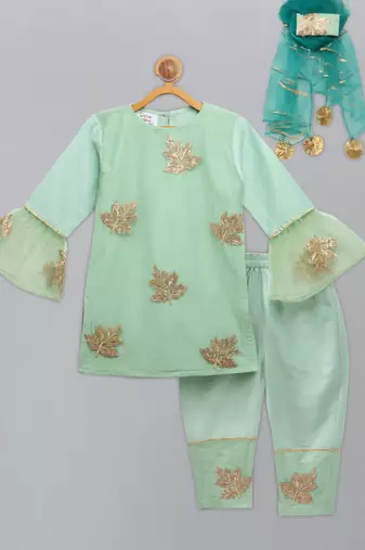 Leaf embroidered kurta pants with embroidered net dupatta