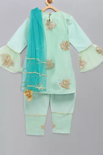 Leaf embroidered kurta pants with embroidered net dupatta