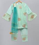 Leaf embroidered kurta pants with embroidered net dupatta