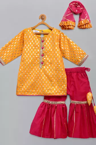 Yellow and pink festive kurta sharara set