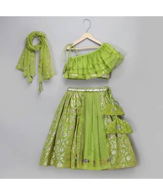 Green off shoulder organza frill chanderi lehnga set 1