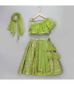 Green off shoulder organza frill chanderi lehnga set