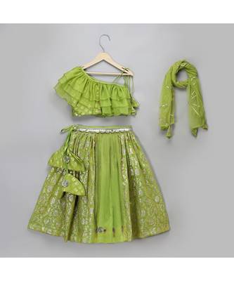 Green off shoulder organza frill chanderi lehnga set 3