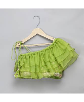 Green off shoulder organza frill chanderi lehnga set 4