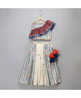 Off white printed off shoulder ruffled blouse lehnga set 1