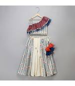 Off white printed off shoulder ruffled blouse lehnga set