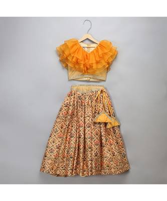Golden orange frill printed lehnga set 1