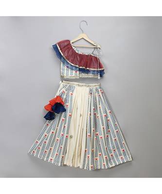 Off white printed off shoulder ruffled blouse lehnga set 3