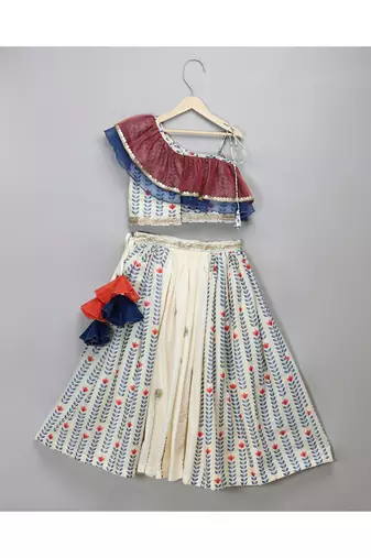 Off white printed off shoulder ruffled blouse lehnga set