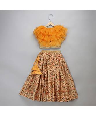 Golden orange frill printed lehnga set 3