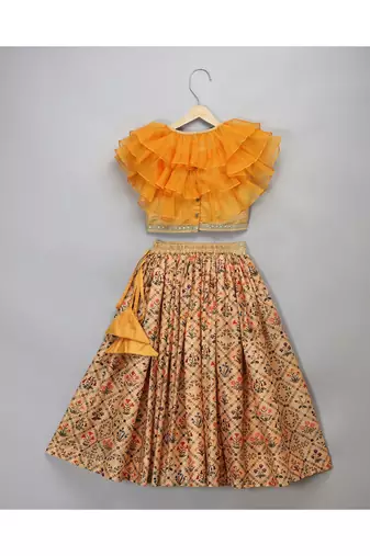 Golden orange frill printed lehnga set