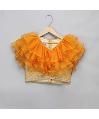 Golden orange frill printed lehnga set 4