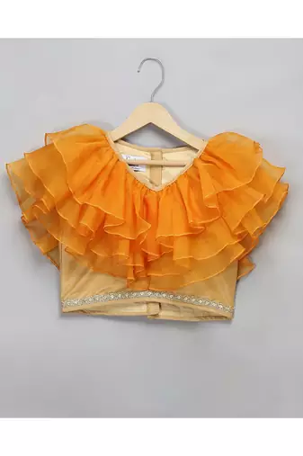 Golden orange frill printed lehnga set