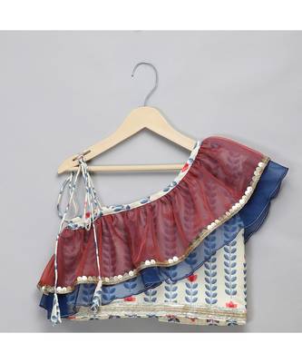 Off white printed off shoulder ruffled blouse lehnga set 4