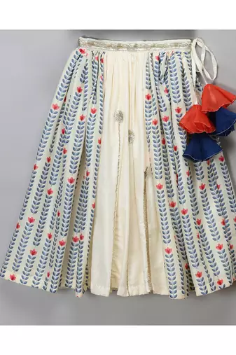 Off white printed off shoulder ruffled blouse lehnga set