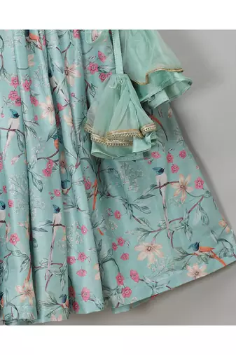Green bird printed peplum blouse lehnga set