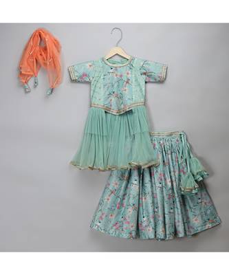 Green bird printed peplum blouse lehnga set 1