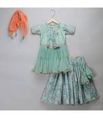 Green bird printed peplum blouse lehnga set