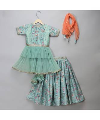 Green bird printed peplum blouse lehnga set 3