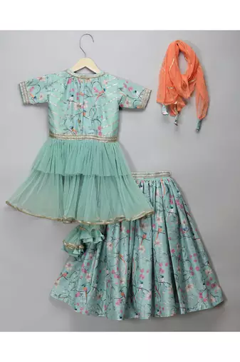 Green bird printed peplum blouse lehnga set