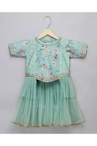 Green bird printed peplum blouse lehnga set