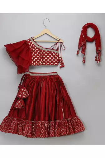 Maroon chanderi off shoulder lehnga set
