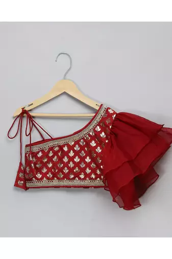 Maroon chanderi off shoulder lehnga set