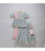 Green lotus print lehnga set