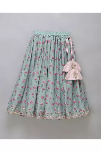 Green lotus print lehnga set