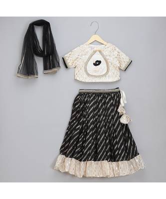 Offwhite black embroidered chanderi lehnga set 1