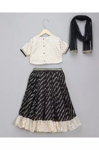 Offwhite black embroidered chanderi lehnga set