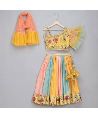Yellow floral printed off shoulder lehnga set 1